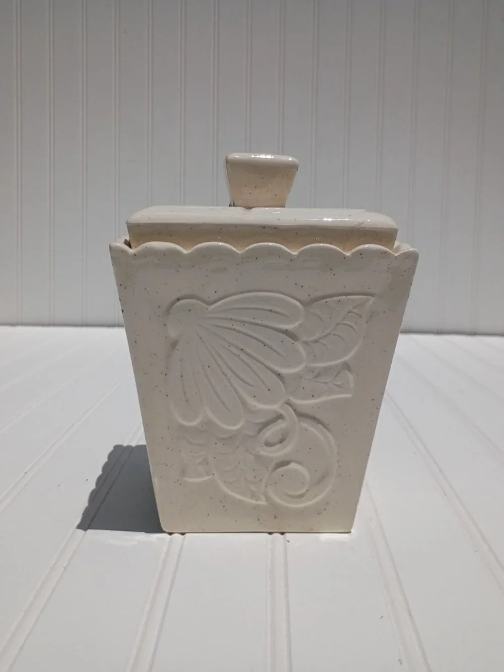 Vintage Ceramic Kitchen Canister with Lid Floral Embossed 4-Sided Beige Speckled